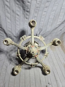 Art Deco Light 5 Arm Hanging Fixture Chandelier Cast Aluminum Antique Riddle - Picture 1 of 12