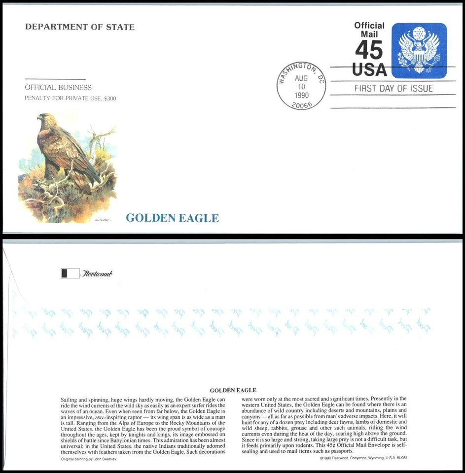 1990 Official Mail 45c stationery entire Sc UO81 Fleetwood FDC eagle & shield - Image 1 of 1