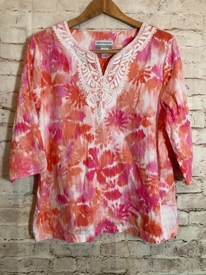Alfred Dunner Tunic Top Women Petite Large Pink Tie Dye Floral Crochet Trim Boho - Image 1 of 4