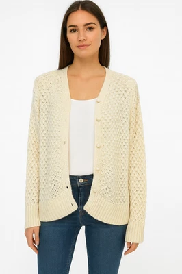 Cardigã LL Bean malha tamanho grande lã angorá pipoca bobble marfim casa de campo preppy - Imagem 1 de 4