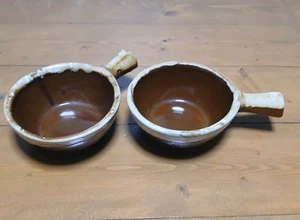 Set Of 2 Monmouth Pottery Soup Bowl Maple Leaf USA Handled Soup Bowl Brown Drip - Picture 1 of 8