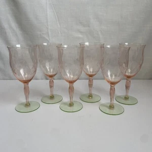 VTG Pink & Green Watermelon Wine Glass Optic Etched Depression Uranium SET OF 6 - Picture 1 of 12