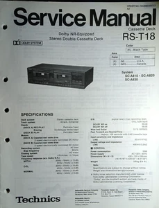 Technics RS-T18 Service Manual Dolby NR-Equipped Double Cassette Deck Original - Picture 1 of 3
