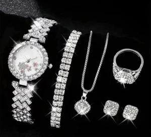 Watch For Women Silver quartz Bracelet ring Necklace Earrings Women 6 piece Set - Picture 1 of 4