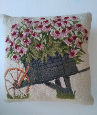 Almohada de Lana Floral Enganchada Flores Carretilla 17" Cuadrada Cremallera Trasera Foto 1 de 4