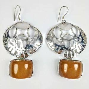 Handcrafted Sterling Silver Scarab Butterscotch Amber 2-3/4" Dangle Earrings - Bild 1 von 4