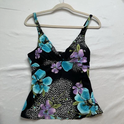 Camiseta Tankini JANTZEN Talla 8 Natación Negra Púrpura Floral Solo Top Foto 1 de 4