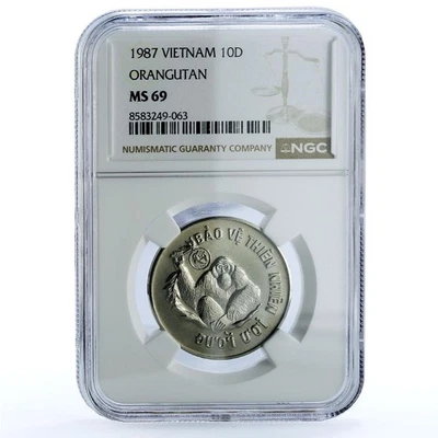 Vietnam 10 dong Orangutan KM-28 Monkey Wildlife Fauna MS 69 NGC CuNi coin 1987 - Image 1 of 4