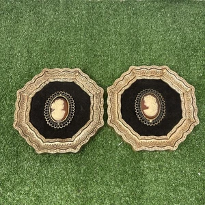 VINTAGE PAIR OF BURWOOD FRAMED CAMEOS PICTURES WALL HANGINGS BROWN GOLD TONE - Picture 1 of 11