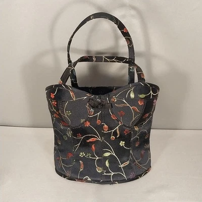 VTG Corset Purse Black Satin Embroidered Floral Design Lace-Up Back Top Handles  - Image 1 of 4