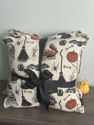Skull Spider Pumpkin Bat Broom Books Halloween 2 Pillows Set Cynthia Rowley New! - Image 1 of 4