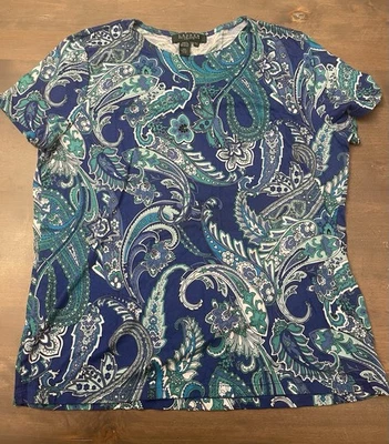 Ralph Lauren Mujer Precioso Hermoso Top Estampado Azul Manga Corta Talla L Foto 1 de 4