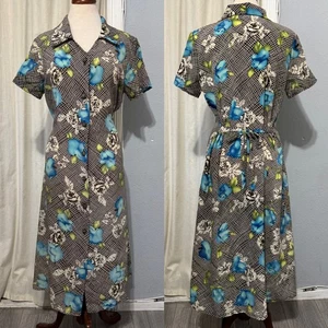Camisa Vestido Floral Vintage WORLD 2000 Fashion Inc. Botón Espalda Corbata Cintura Midi - Imagen 1 de 10