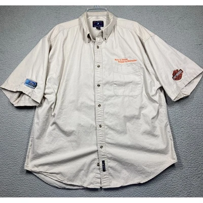Port Authority Shirt Men's 2XL Beige Ford Harley Davidson Born Detroit STAINS - Image 1 of 4