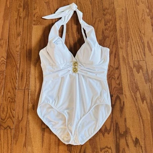 Miraclesuit Rock Solid Embellished White Swimsuit Sz 16 Slimming Glam Beach - Picture 1 of 9