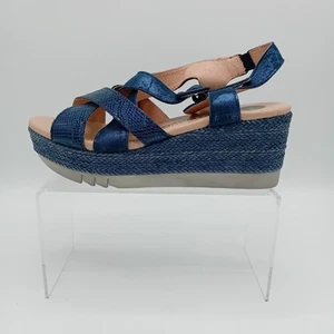 Softwaves Wedge Sandals UK5 Blue Metallic Snake Print Leather Strappy FLT19-CD - Picture 1 of 8