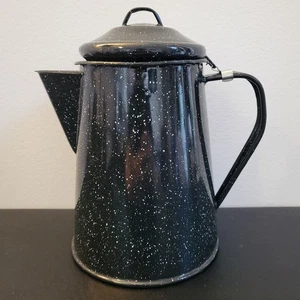 Enamelware Black White Speckled Camping Cowboy Coffee Pot Kettle  10" Hinged Lid - Picture 1 of 8