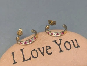 Custom 0.30CTW Diamond & Rubies Simple C-Earrings - 14K Solid Gold - Picture 1 of 16