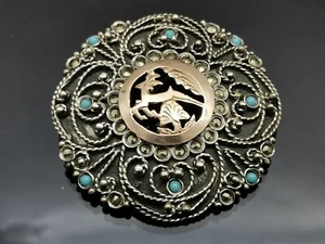 Art Nouveau 800 Silver Deer Brooch w/ Turquoise & Marcasites - Picture 1 of 3