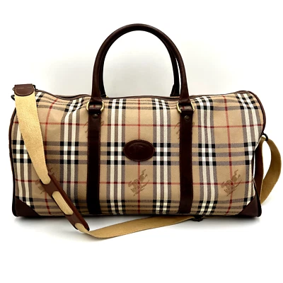 Vintage BURBERRY Travel Boston Bag 2Way Haymarket Nova Check Beige PVC Leather - Image 1 of 4