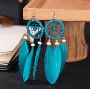Blue Bohemian Earrings Dream Catcher Feather Earrings - Boho Long Tassel Stylish - Picture 1 of 1