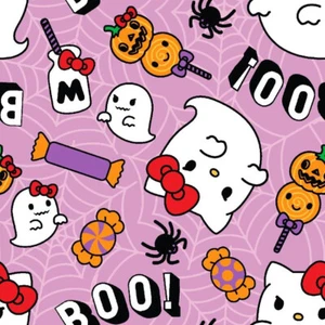 SANRIO HELLO KITTY HALLOWEEN BOO GHOSTS ON PINK SPRINGS COTTON FABRIC 1/2 YD - Picture 1 of 2