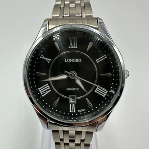 Longbo Watch Men Silver Tone Black Dial Date Window 29MM New Battery 8” - Picture 1 of 11