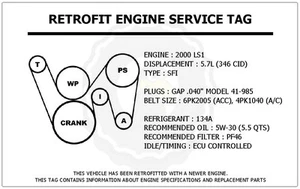 2000 LS1 5.7L Trans Am Retrofit Engine Service Tag Belt Routing Diagram Decal - Picture 1 of 1