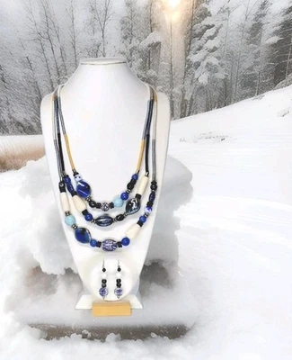 CHICO'S "SHADES of BLUE" ❄️💧💎 Long 19'L Necklace + 2.5"L Earrings  Fb3 - Image 1 of 4