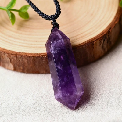 Natural Amethyst Stone Hexagonal Point Pendant Healing Women Men Necklace Gift - Image 1 of 3