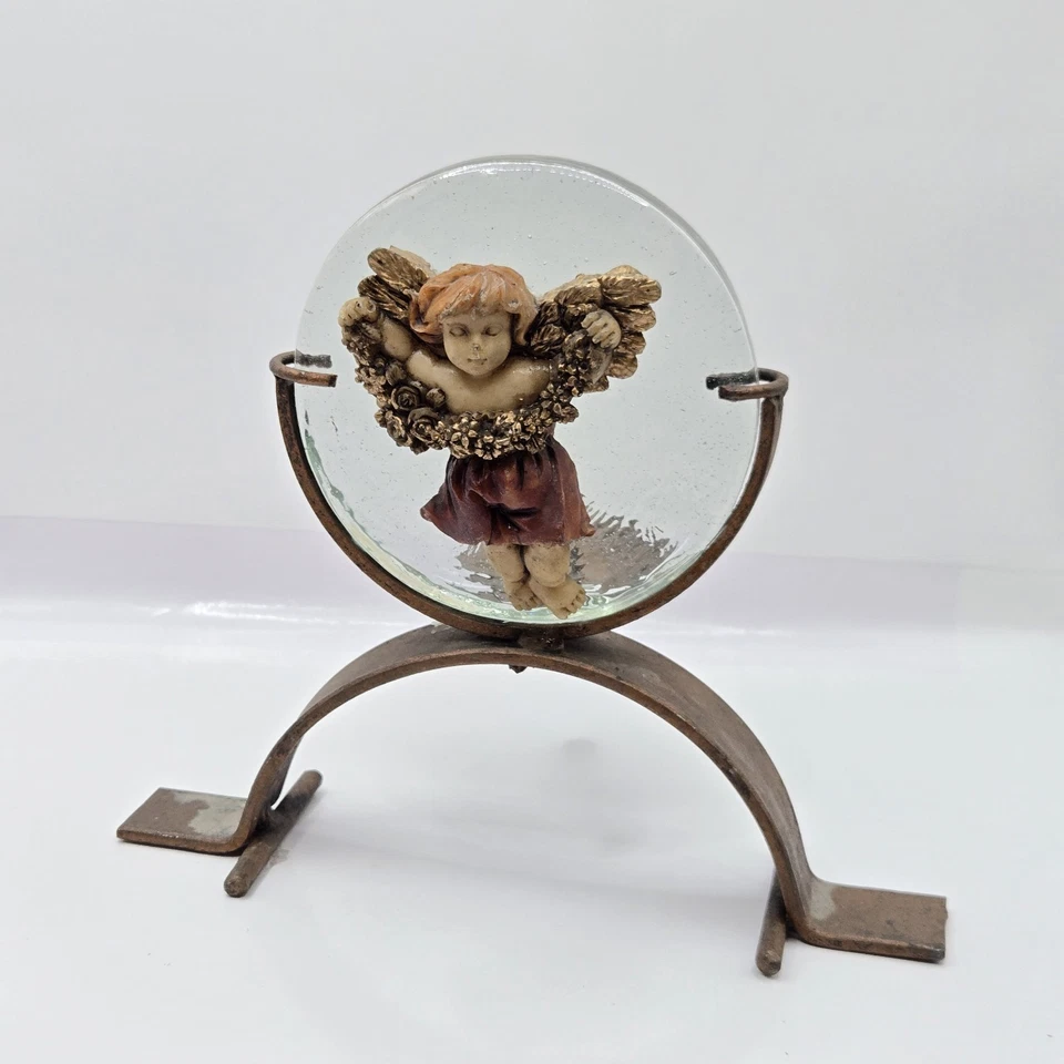 Candelabro de ángel de colección hecho a mano querubín redondo soplado a mano marco de metal 6,5" H Foto 1 de 4