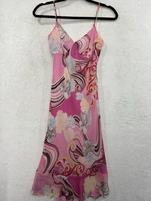 Vintage y2K Express Silk Floral Babydoll Slip Dress 4 Pink Swirls Retro Chiffon - Image 1 of 4