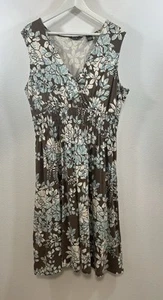 Eddie Bauer Shirred Waist Dress Blue Brown White Floral V Neck Size PXL Cotton - Picture 1 of 6