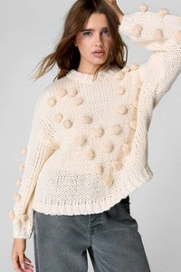 Nastygal Womens Chunky Knit Jumper Cream Pom Pom Detailing Ribbed Hem - Picture 1 of 4