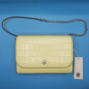 Tory Burch Emerson Embossed Chain Wallet Pastel Yellow Patent Leather, New - Picture 1 of 11