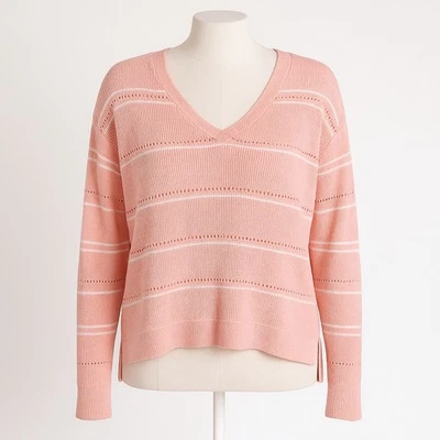Suéter Carve Designs listrado gola V leve coral rosa M fada boho indie - Imagem 1 de 4