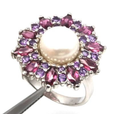 Gemstone 9 MM. White Pearl, Rhodolite Garnet & Amethyst Woman Ring 925 Silver - Image 1 of 4