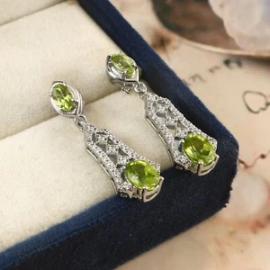 Peridot Dangle Earrings 925 Sterling Silver Oval Green Gemstone Diamond HaloGift - Picture 1 of 7