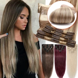 100% Real Remy Human Hair Extensions Clip In 8Pcs Full Head Long Medium Short UK - Picture 1 of 52