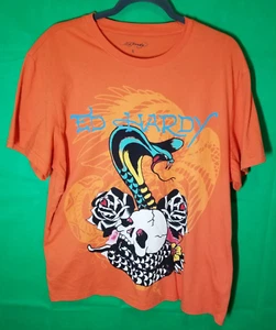 Ed Hardy Christian Audigier T-Shirt Mens Large Orange Cobra Skull T Shirt Y2K - Picture 1 of 6