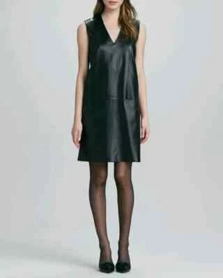 Vince Luxury Black Genuine Leather V-Neck NYECocktailParty Mini Short Dress Sz 6 - image 1 of 4