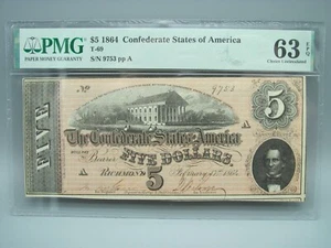1864 $5 Estados Confederados de América T-69 PMG CU 63 EPQ - Imagen 1 de 4