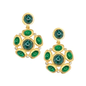Kenneth Jay Lane Emerald Cabochons Drop Clip Earring New - Picture 1 of 3