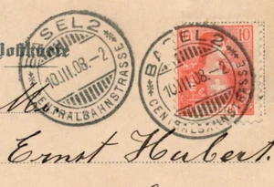 SWITZERLAND: BASEL 2 CENTRALBAHNSTRASSE DOUBLE CIRCLE YDM CANCEL. 1908. SWANS. - Picture 1 of 3