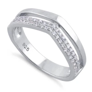 Elegant Sterling Silver Clear Cubic Zirconia Double V-Accented Ladies Dress Ring - Picture 1 of 8