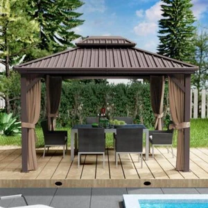 KOZYARD Hardtop Gazebo 10'D x 9'H x 12'W Aluminum, Mosquito Net, Privacy Curtain - Picture 1 of 8
