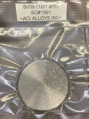 Bi/Sb sputter target, 10:1 atomic, 99.99% pure, 2" diameter x 0.25" thick - Image 1 of 2