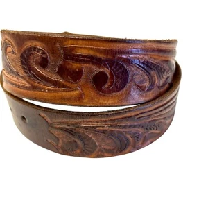 NOS Vtg 70's Men Brown Hand Carved TOOLED Floral Leather Cowboy Western Belt 34 - Picture 1 of 5