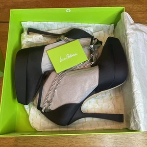 Sam Edelman Andie Black Satin Ankle Strap Pointed Toe Stiletto Heeled Sz 9.5 NWB - Picture 1 of 6