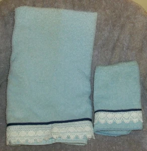 NEW 2 PC BLUE WITH NAVY PIPING & WHITE TRIM HAND TOWEL & WASHCLOTH BY CANNON - Picture 1 of 4